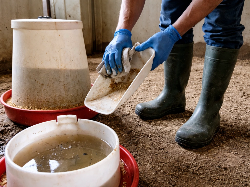 Gloved hands and boots touching equipment inside a poultry housing area, suggesting fomite cross-contamination risk.