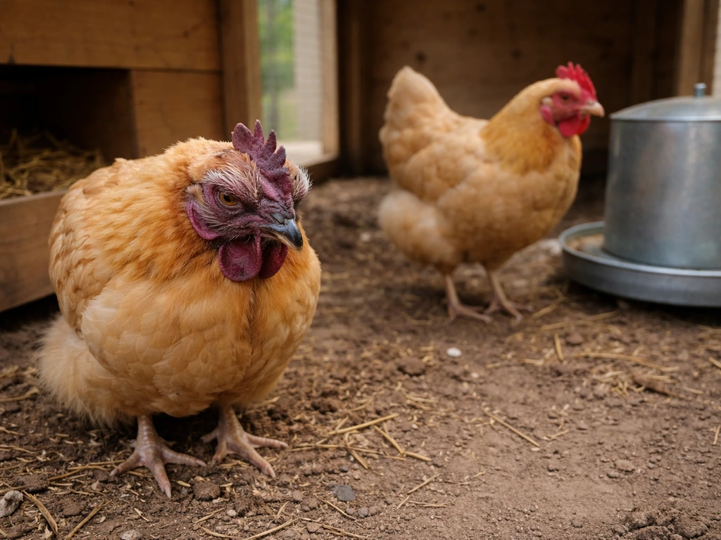 Anonymous backyard chickens in a small coop, one showing swollen eyelids and dark bluish combs.