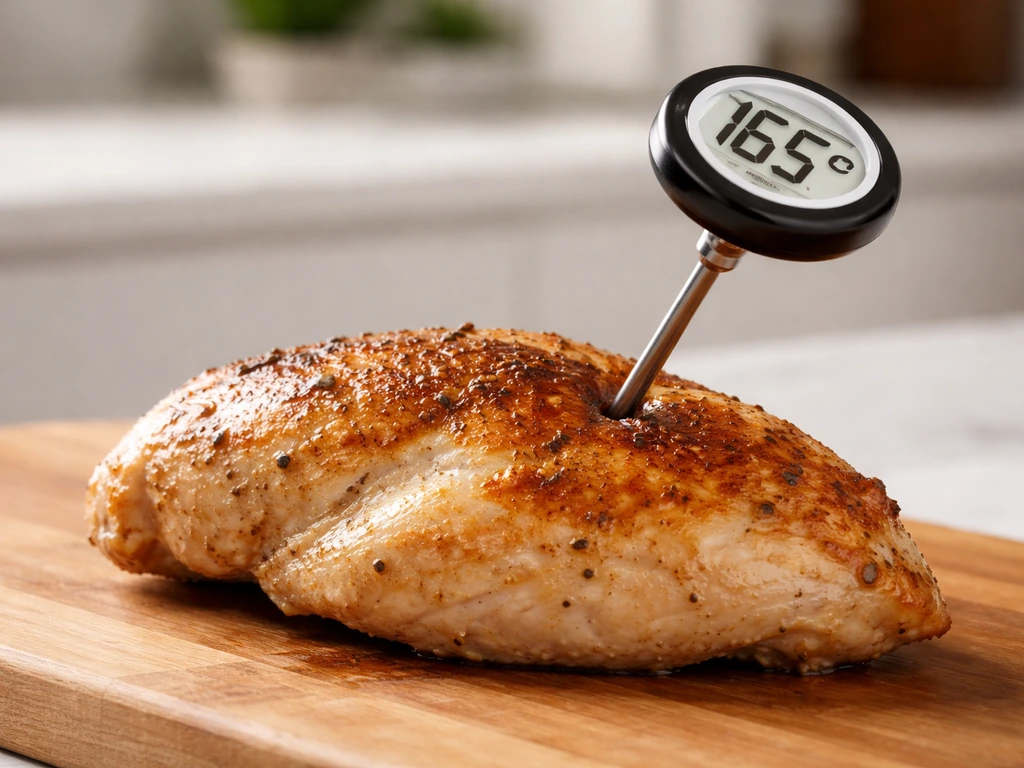 Meat thermometer inserted into a piece of cooked poultry on a cutting board to confirm 74°C.