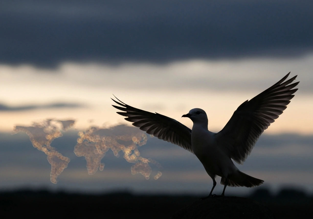 Silhouette of a migratory bird at dawn with faint global marker lights in the cloudy background.