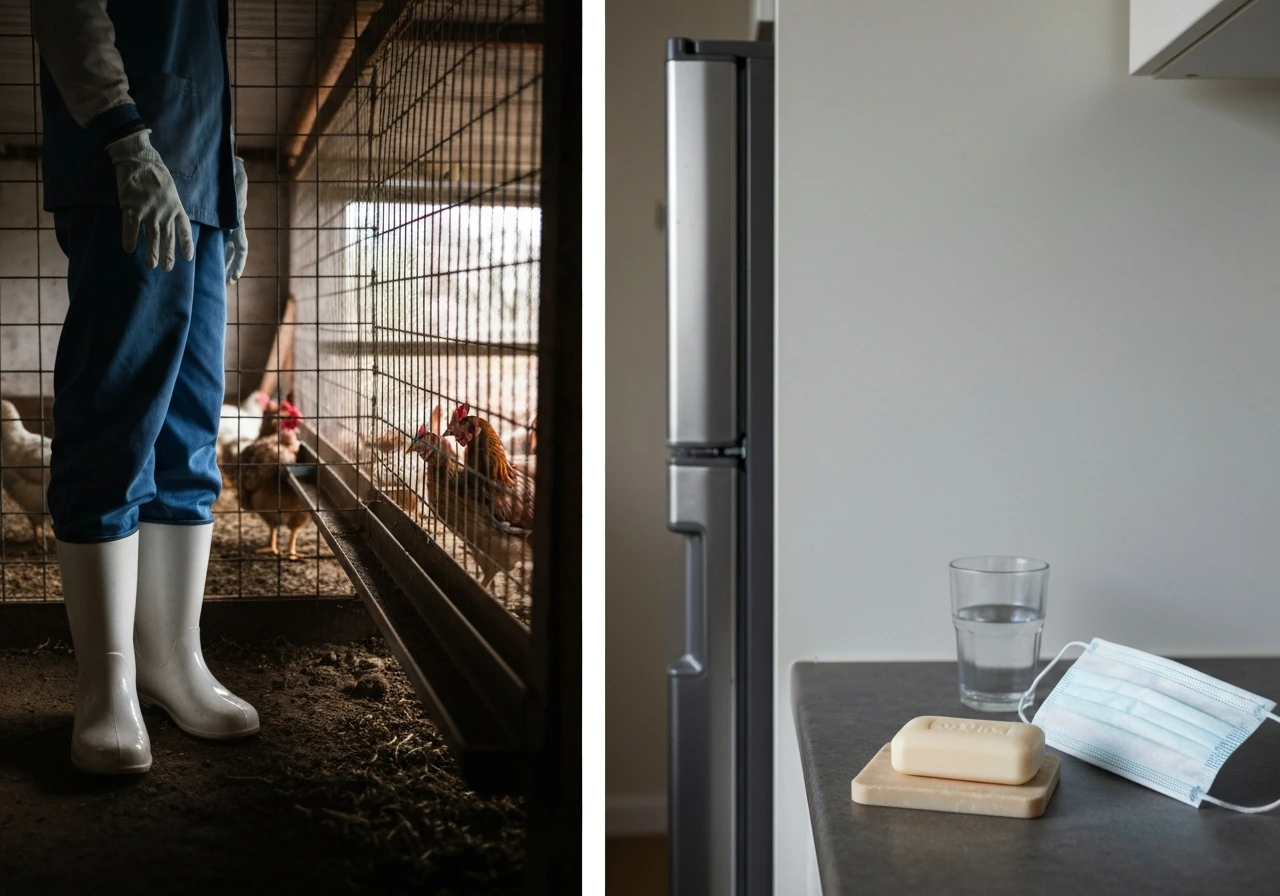 Minimal split scene: chickens in a shed on one side and simple hygiene precautions on the other.