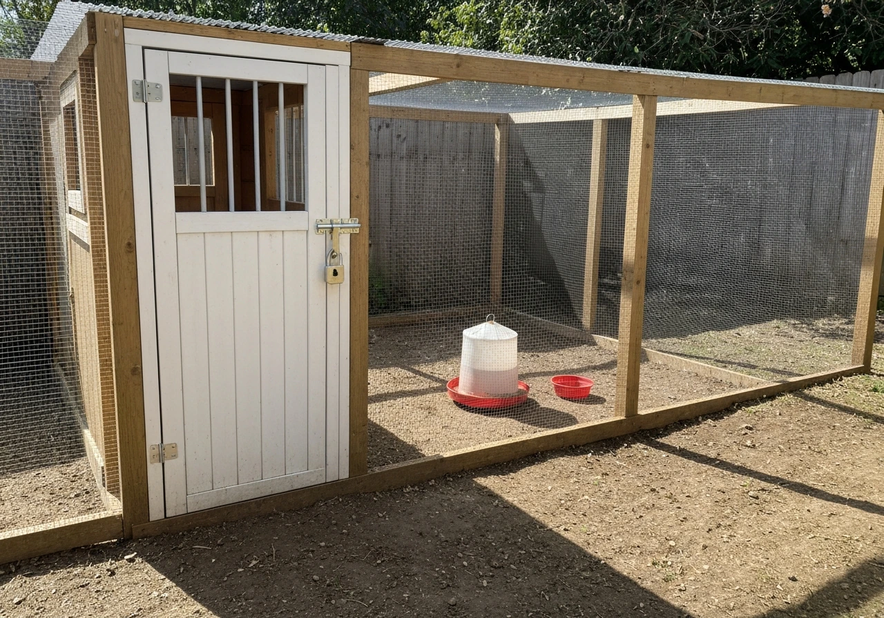Sealed poultry coop enclosure with closed door and secured feed area blocking access for wild birds.
