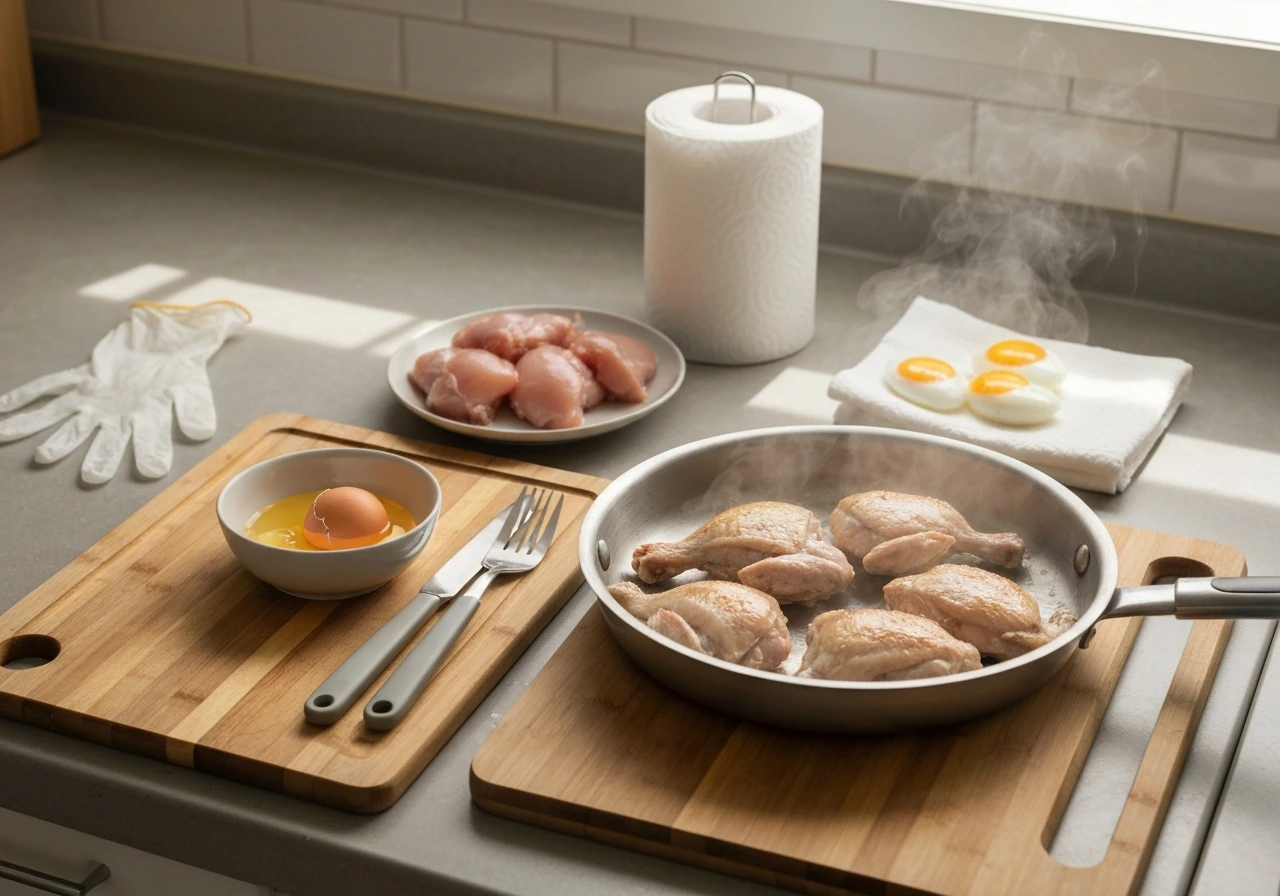 Kitchen countertop showing separated utensils and boards with raw poultry/eggs and a pan of cooked food.