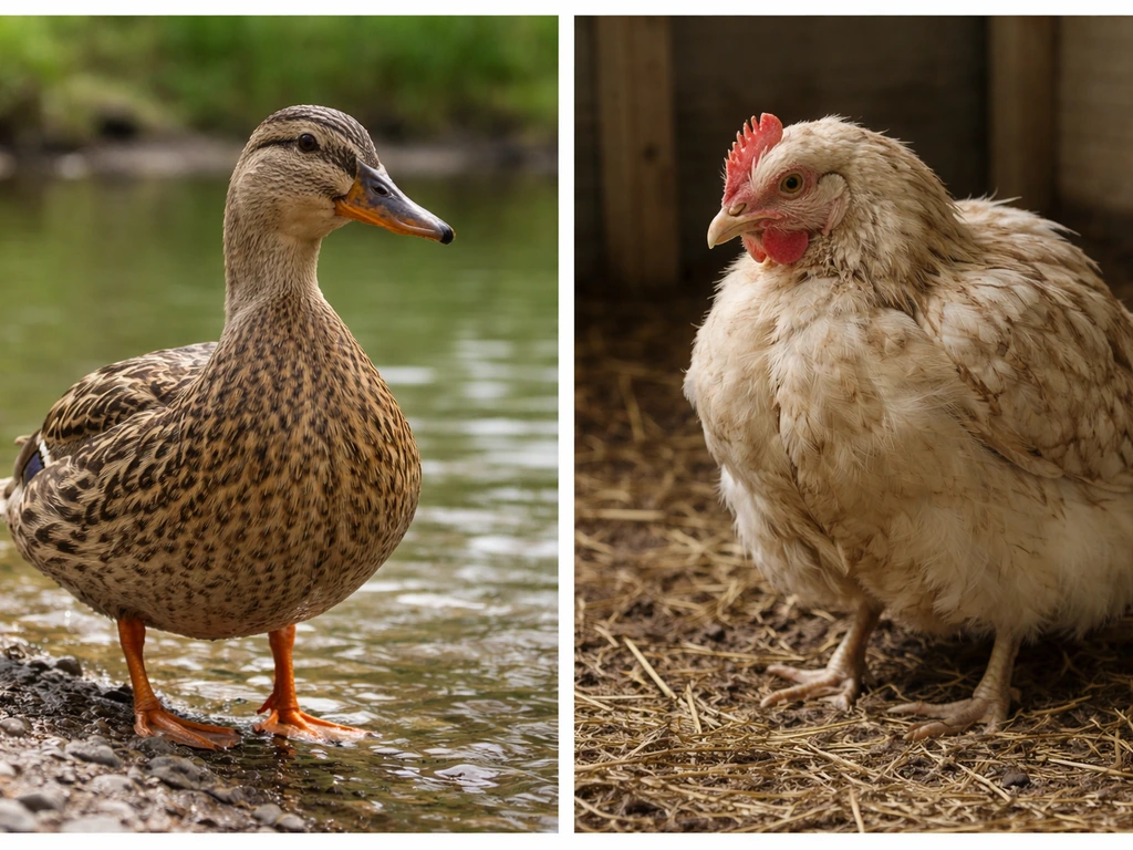 Left: healthy wild waterfowl by water; right: visibly affected poultry bird in a quiet coop.