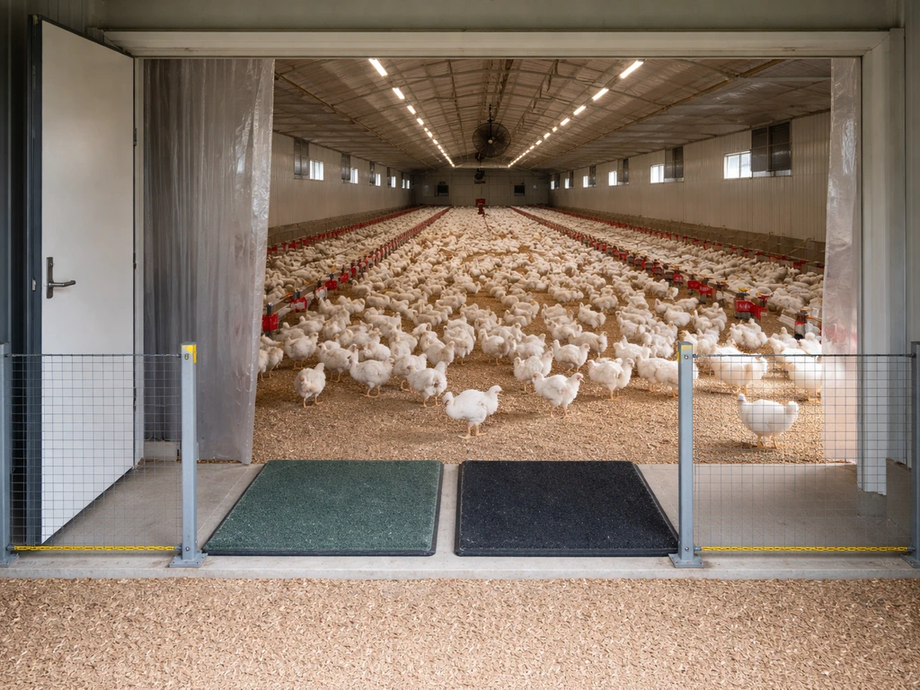 Chickens in a biosecure poultry house with limited-access cues and clean, contained farm setting.