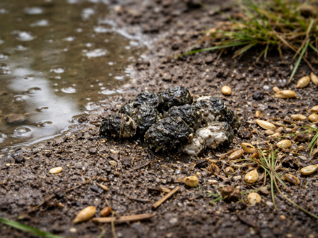Close-up of bird droppings near wet soil and a shallow water edge, suggesting fecal-oral spread to other birds.