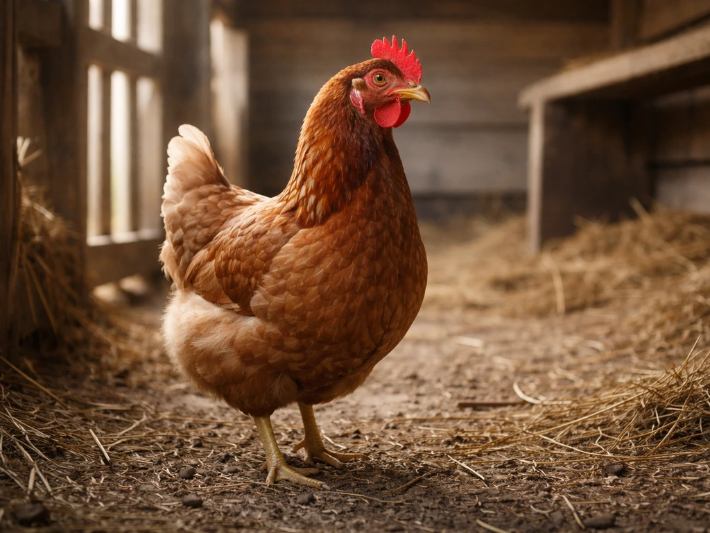 Close-up of a domestic chicken in a quiet coop, with soft morning light and visible feathers