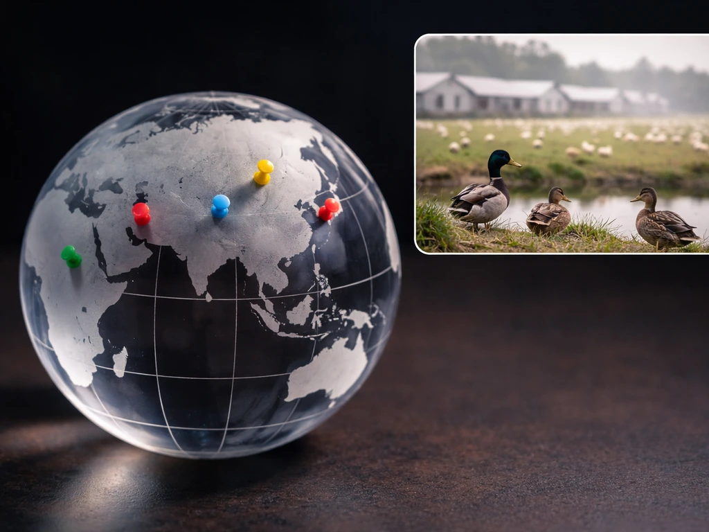A glass globe with subtle pins beside a blurred scene of wild birds and a distant poultry farm.