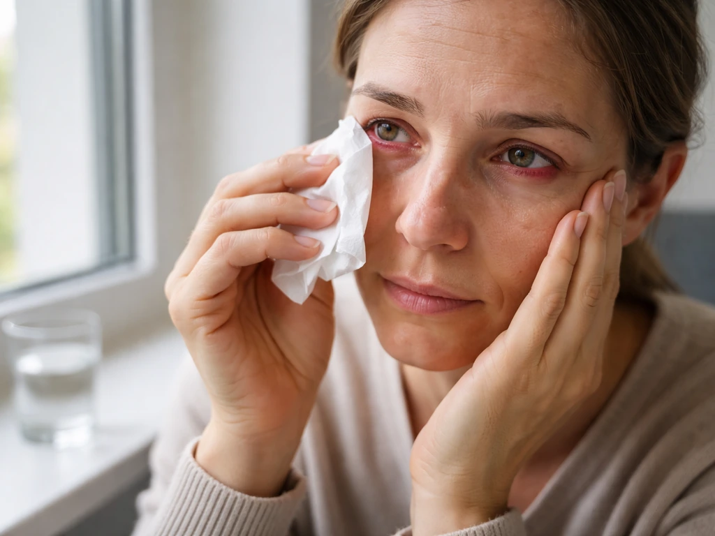 Anonymous adult with red, irritated watery eyes holding a tissue in a quiet clinic room.