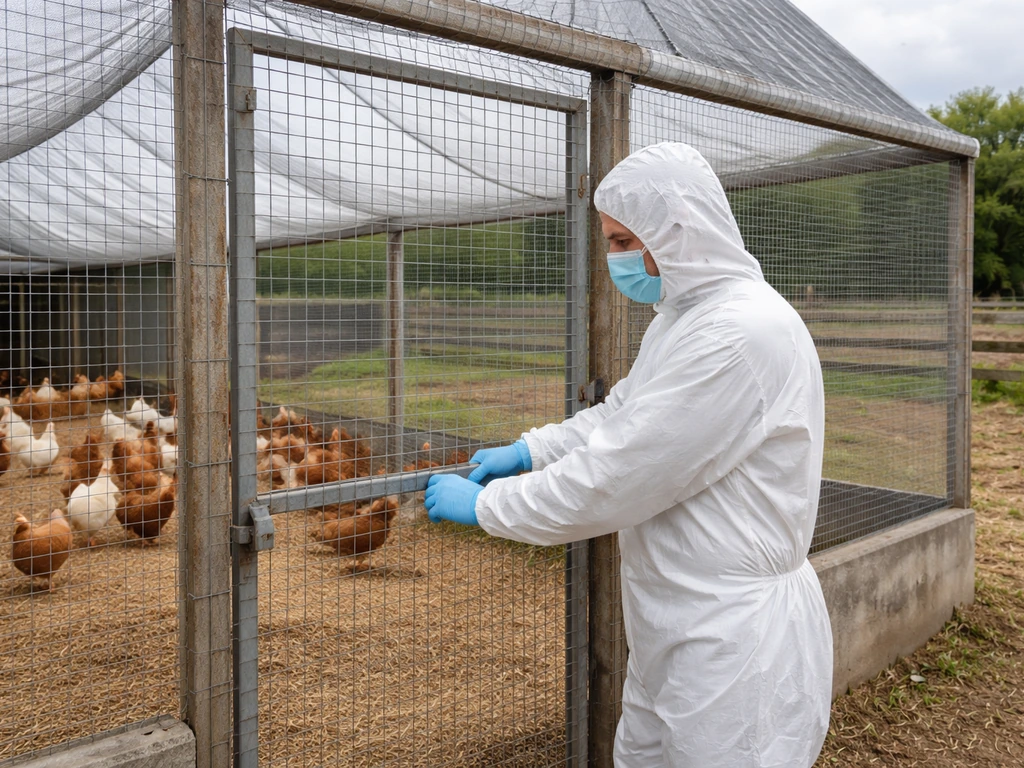 Farmer in PPE tending poultry in a covered enclosure, keeping wild birds out to protect flocks.