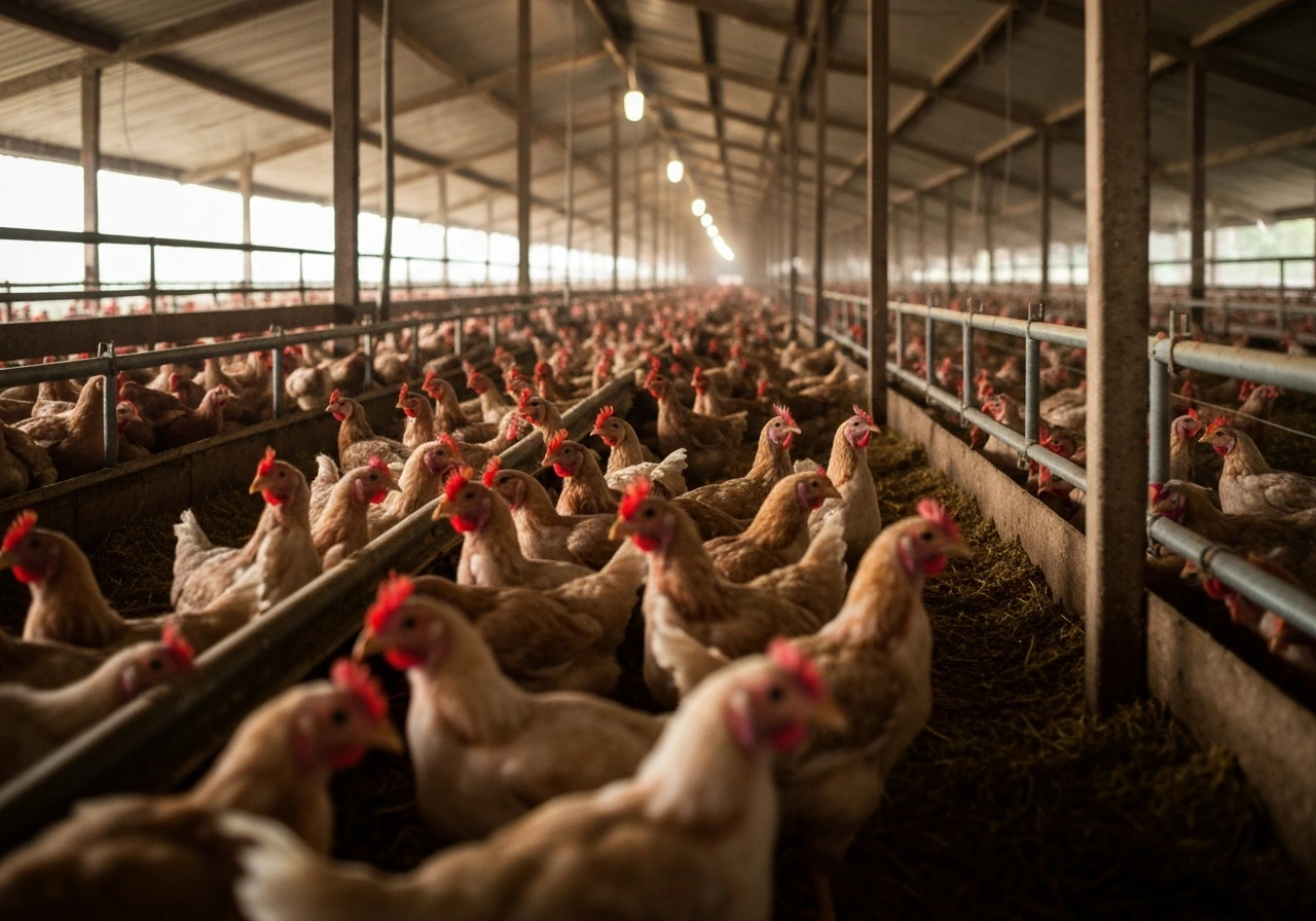 Tightly packed chickens inside a poultry barn, illustrating dense close housing risk factors.