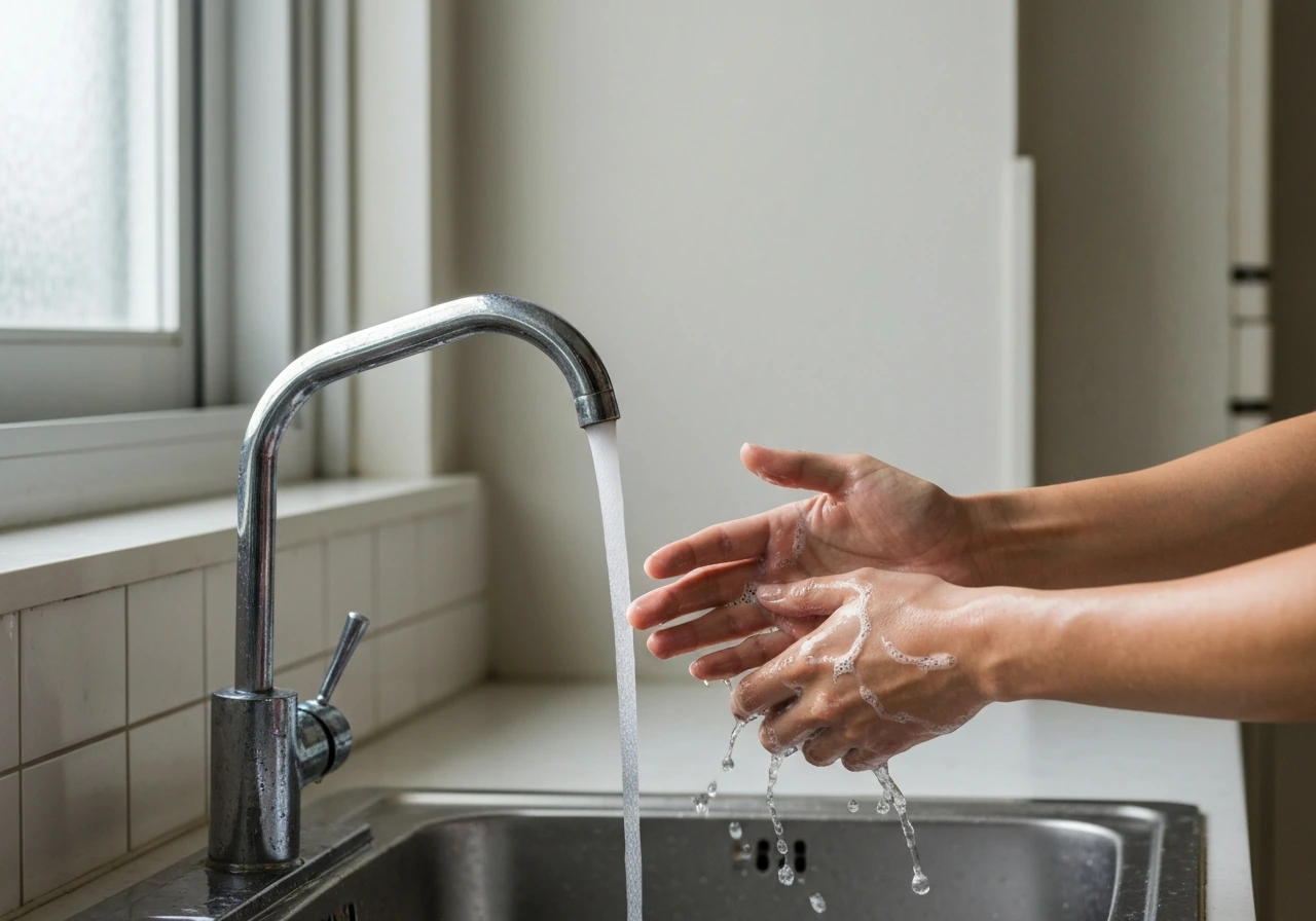 Hands washing with soap at a kitchen sink, signaling hygiene after possible bird exposure.