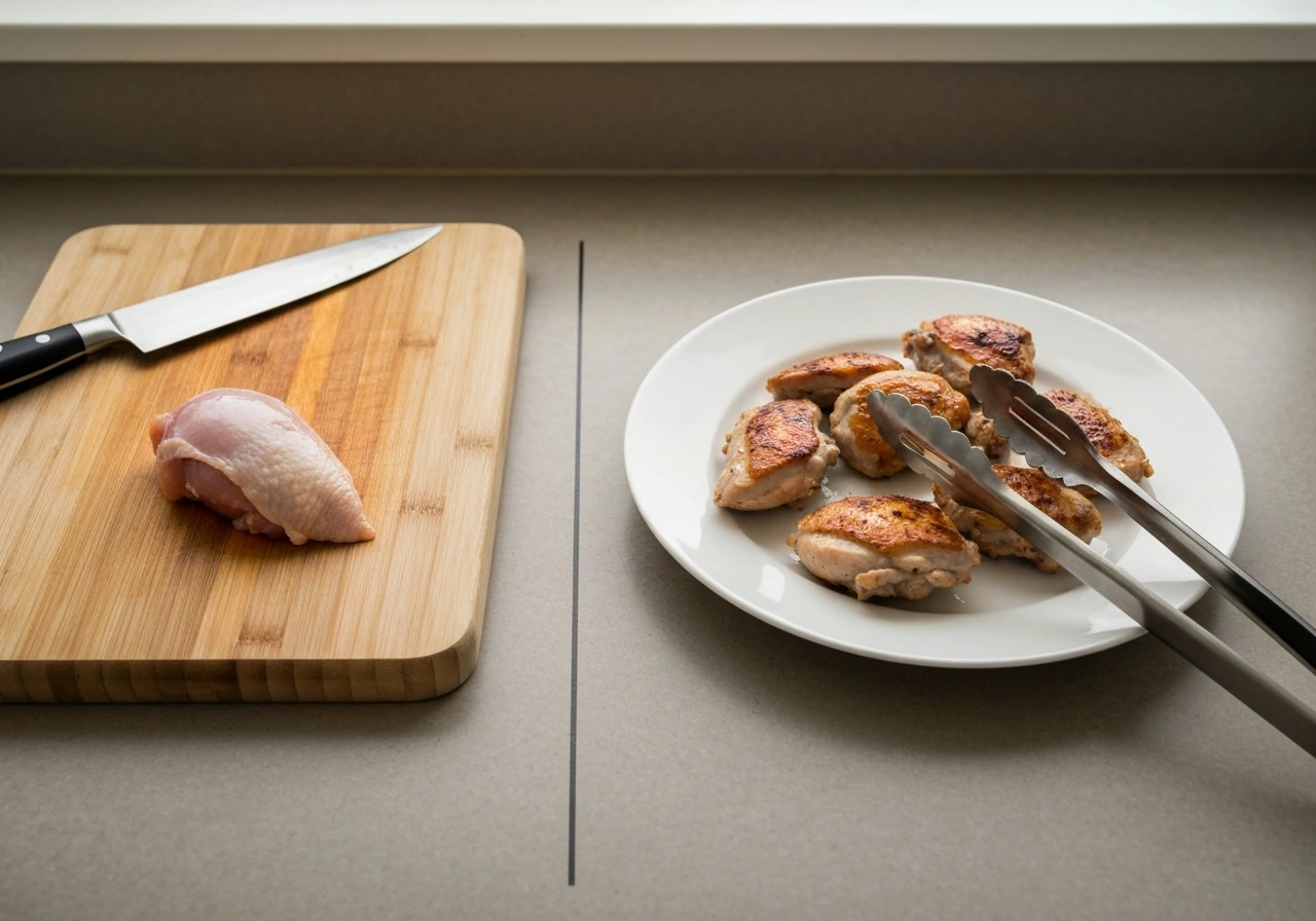 Left: raw chicken on a cutting board; right: properly cooked chicken on a clean plate with tongs.