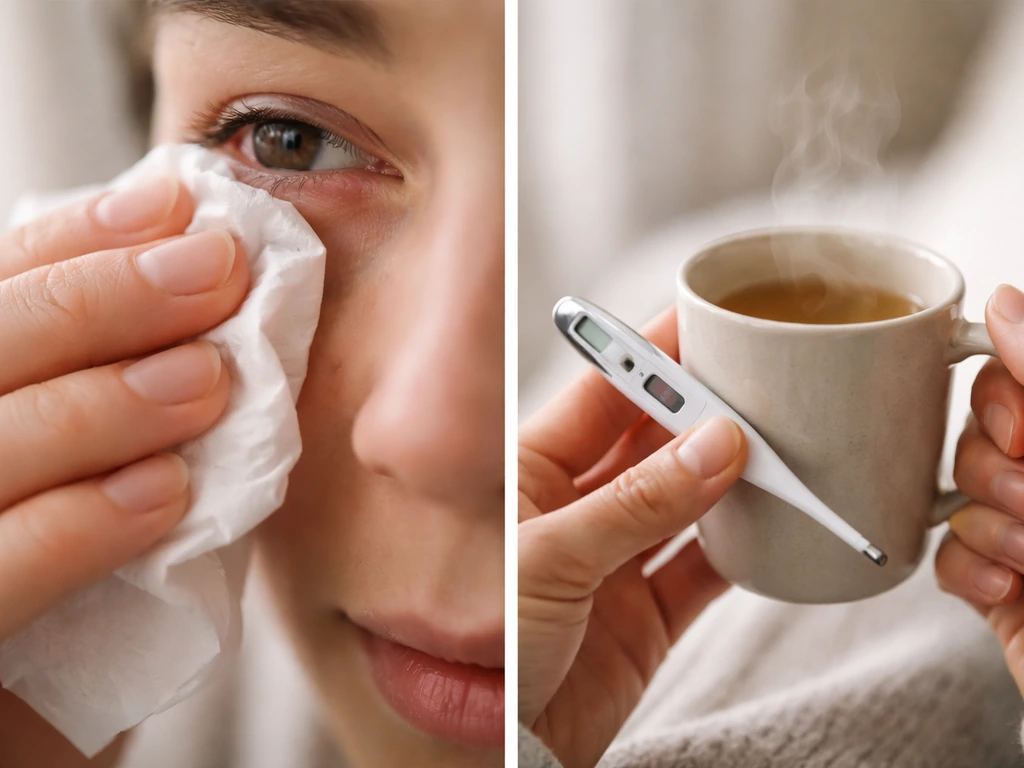 Minimal side-by-side photo: one side shows irritated eye cue, the other shows thermometer and warm drink.