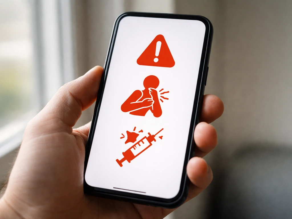 Close-up of a smartphone in hand with red warning icons, suggesting urgent health triage after recent exposure.