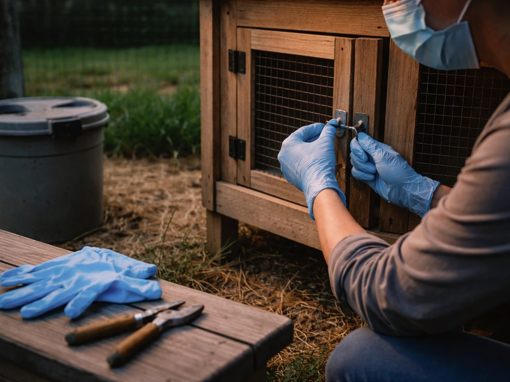 Gloved, masked hands at a backyard chicken coop with a subtle cue of unprotected handling nearby.