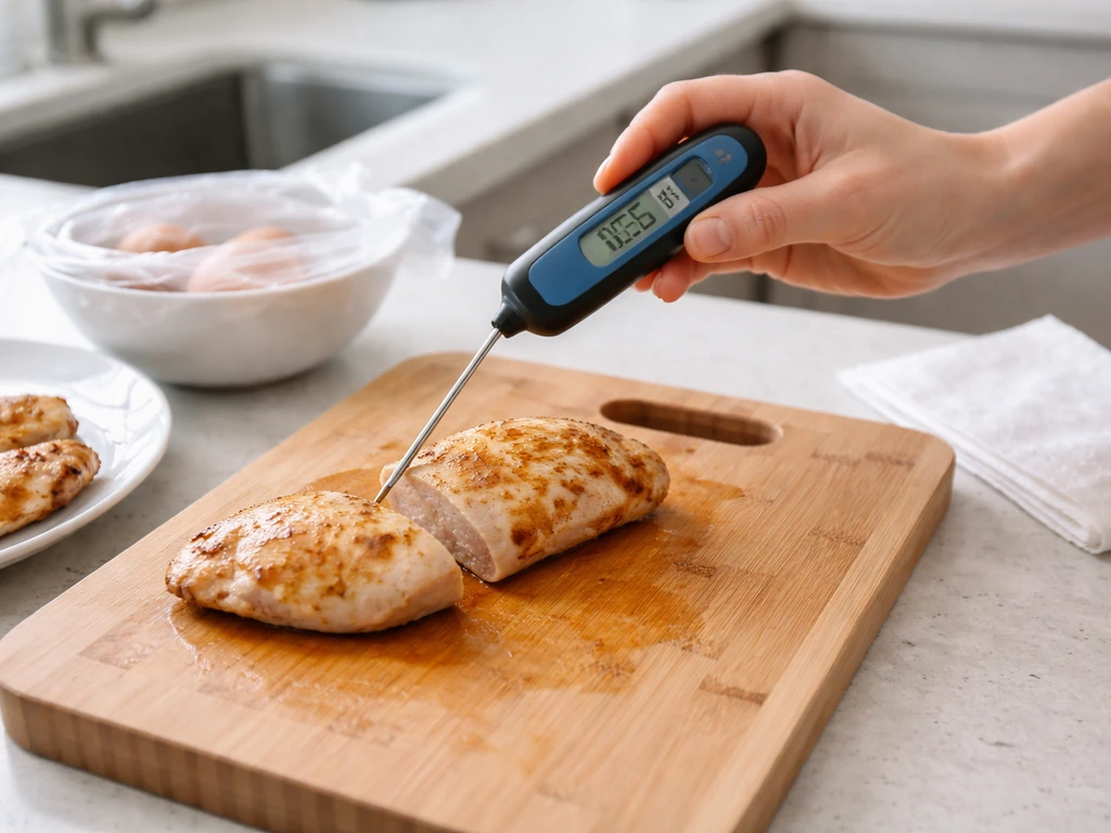 Hands using a thermometer to check chicken doneness on a cutting board, kitchen focused on safe handling.