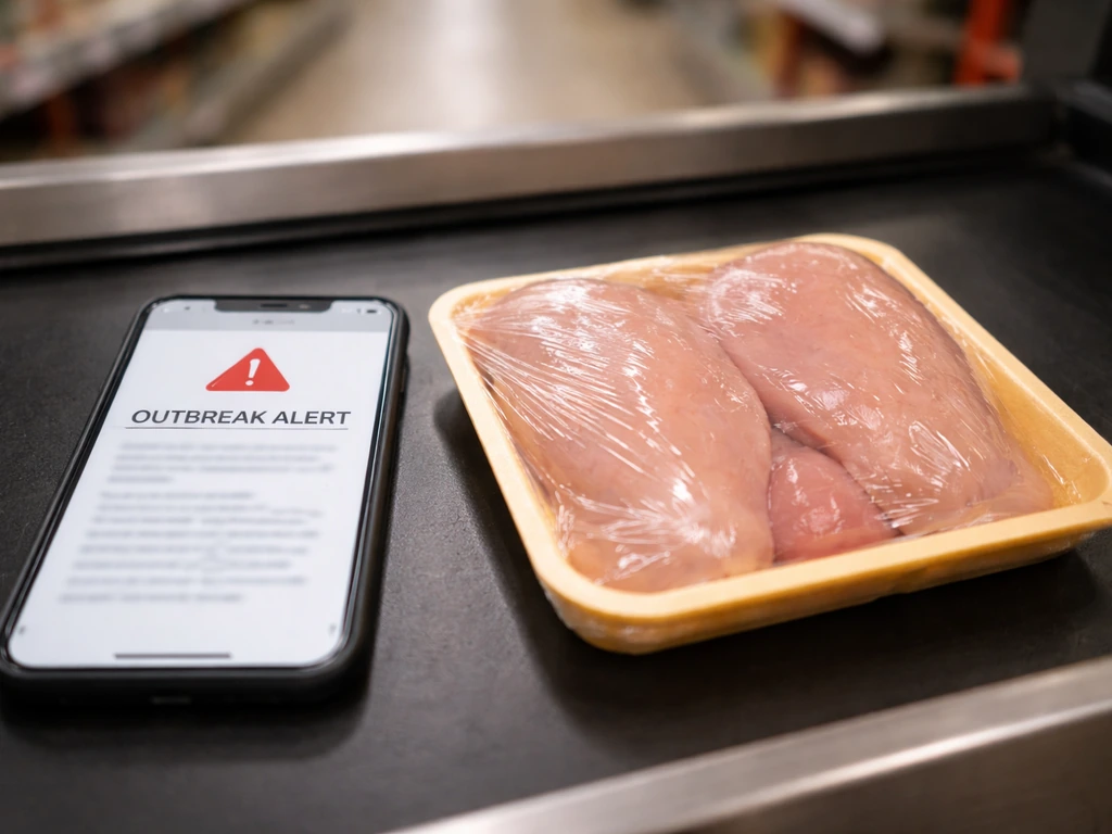 A smartphone showing a generic outbreak alert next to grocery store chicken packaging.