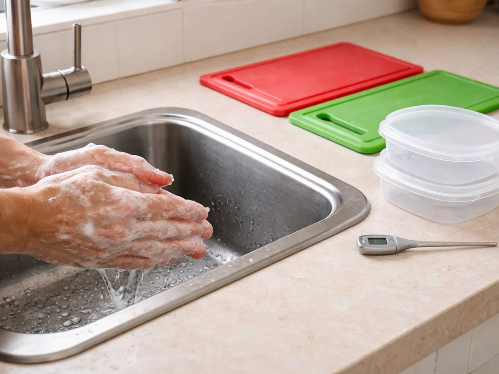 Closeup of clean hands washing over a sink and color-coded cutting boards with separate food containers nearby.