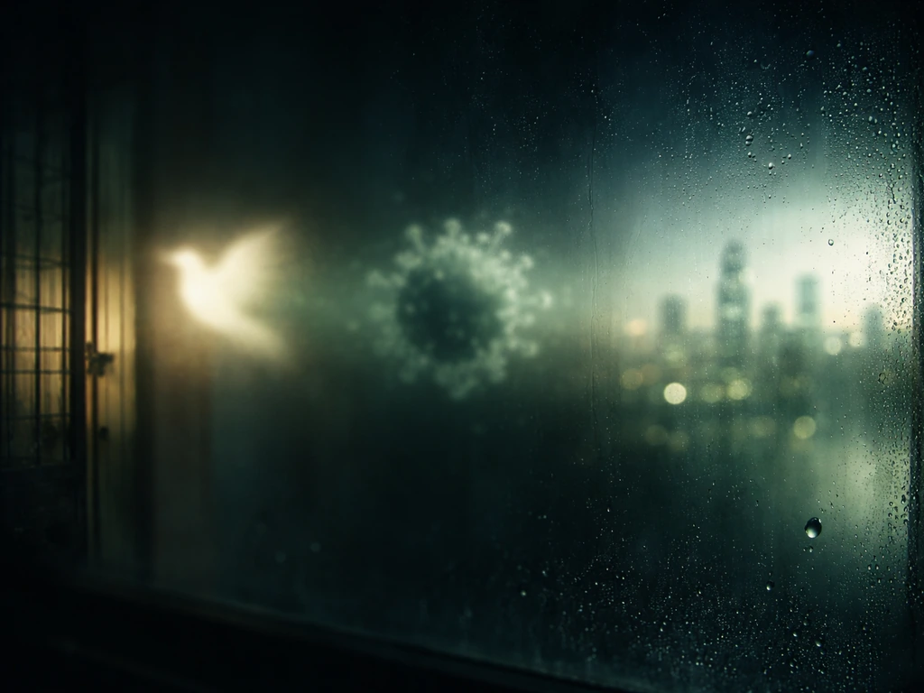 Minimal window scene with blurred reflections suggesting avian origins evolving toward modern bird-flu risk.