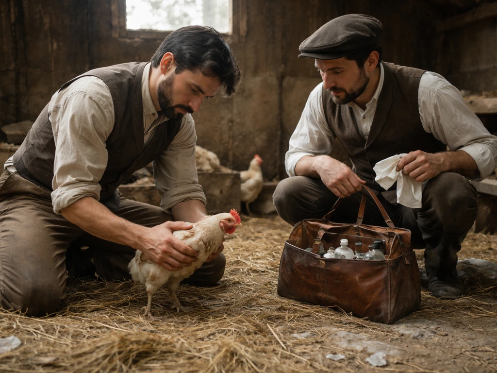 Two veterinarians in a rustic coop examine diseased poultry in late-19th-century style.