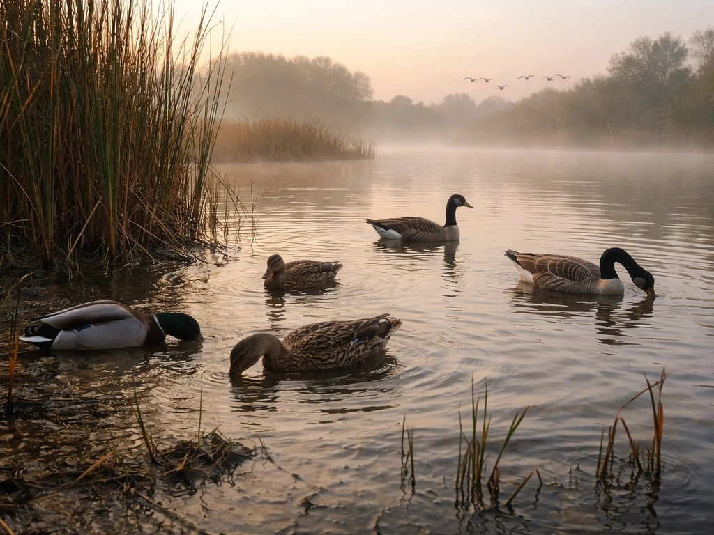 Ducks and geese swimming in a quiet wetland at dawn, with soft light suggesting long-distance migration.