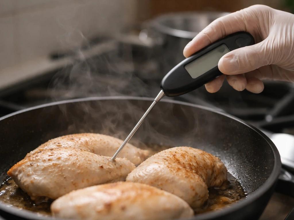 Gloved hands insert an instant-read thermometer into cooking poultry in a quiet kitchen, showing food safety.