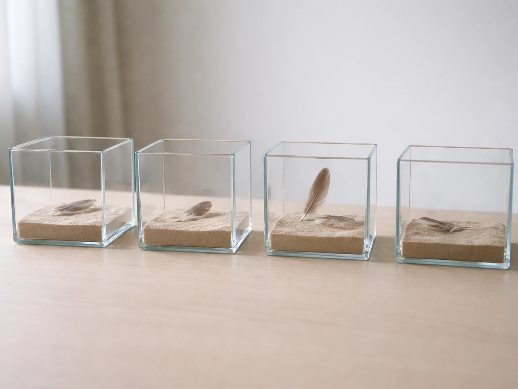Four empty terrariums with one feather each, arranged simply to represent different aspects of change.