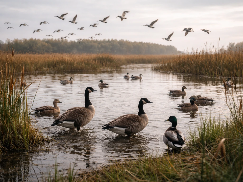Ducks and geese in a quiet wetland pond at dawn, reeds and mist suggesting migration season.