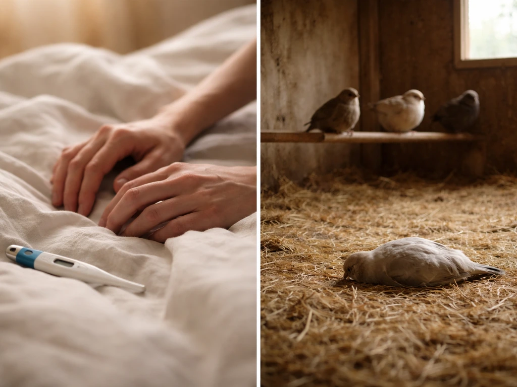 Left: hands by a thermometer on a bed; right: birds in a quiet coop with one lying still.