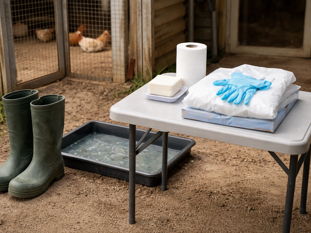 Biosecurity supplies for a poultry coop—boots and footbath, soap, gloves, and coveralls by the coop entrance.