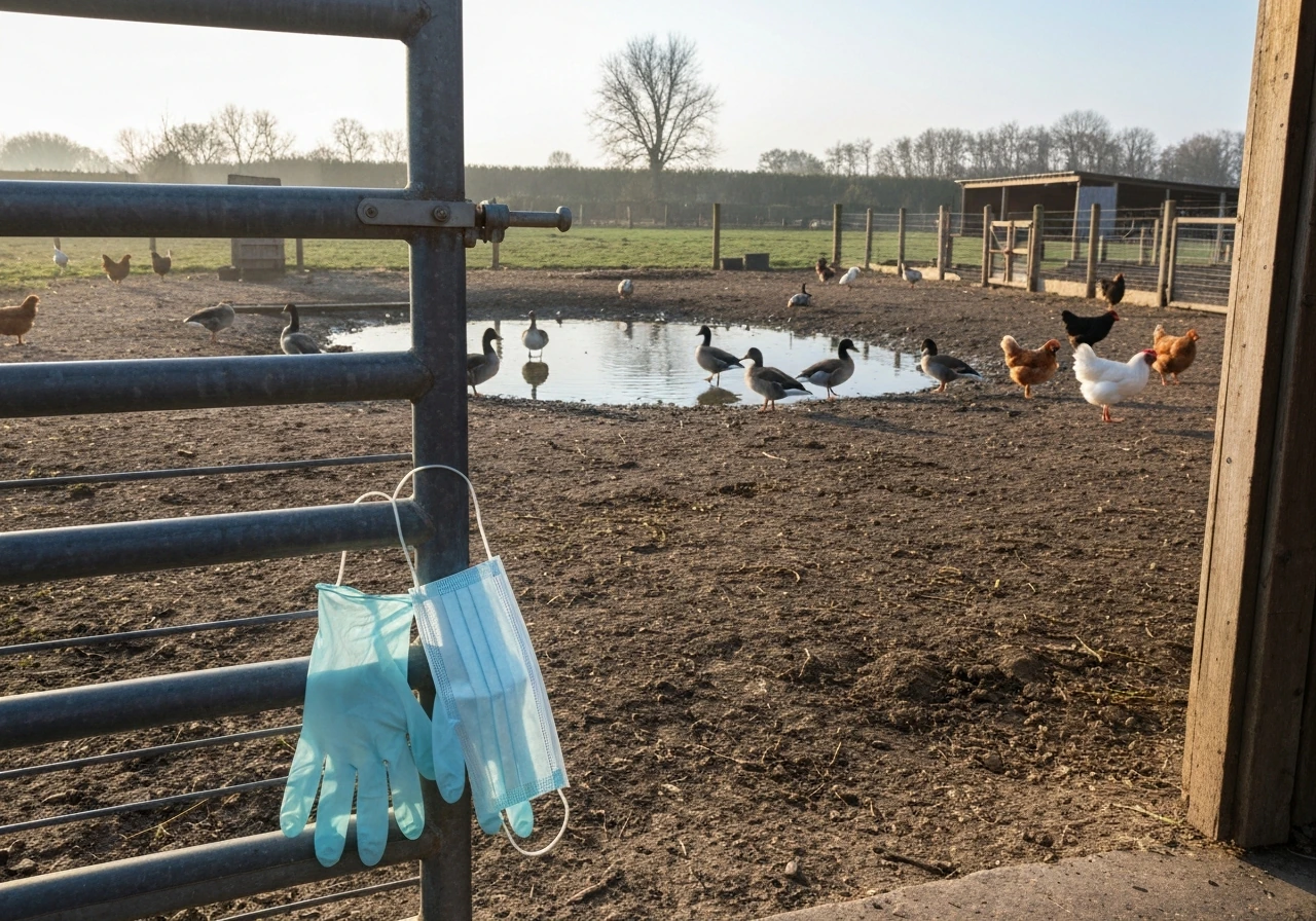 Gloves and face mask by a barn gate with wild ducks near water