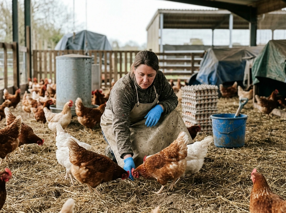 Backyard coop ground mat with droppings and a feather sample showing contamination risk