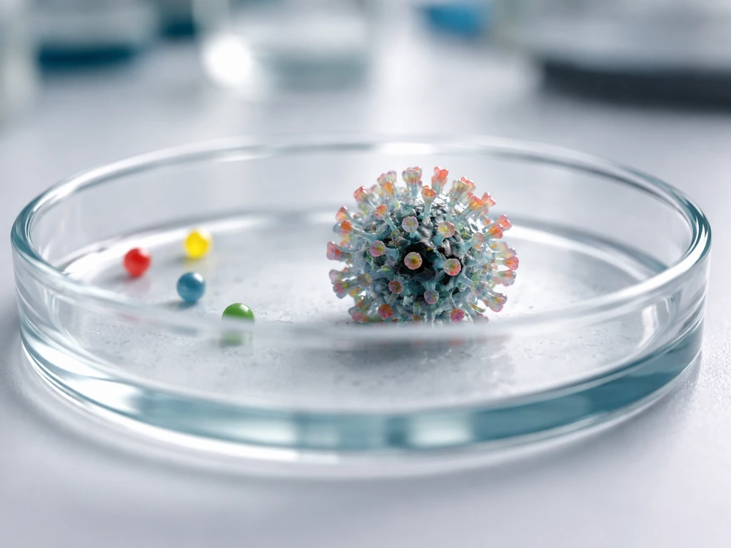 Minimal close-up of influenza virus concept with blurred lab tools and color-coded strain markers