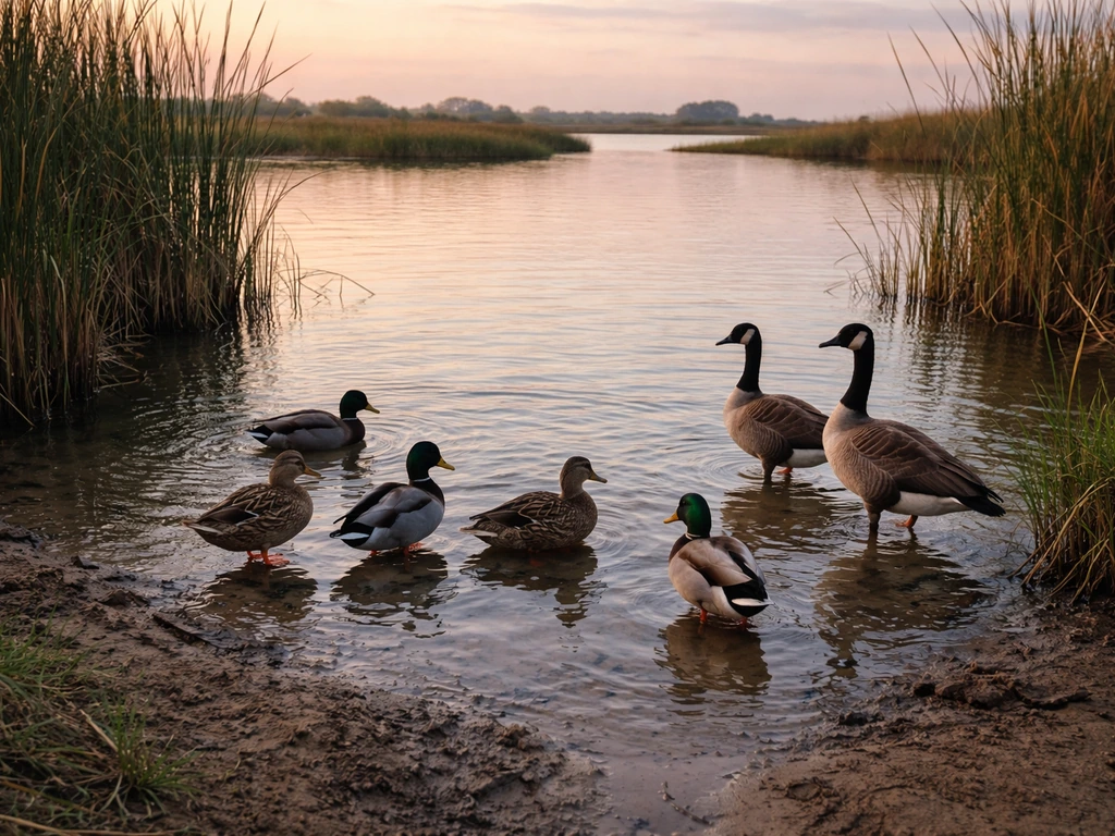 Wild ducks and geese at a wetland shoreline near shallow water channels.