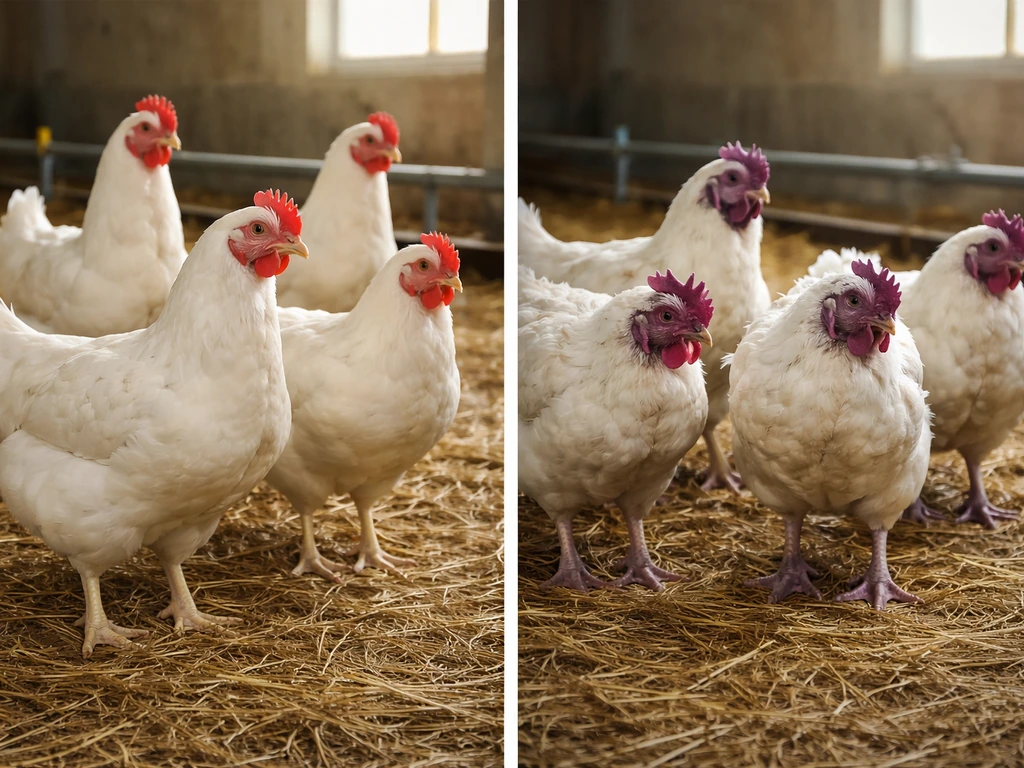 Split view of healthy birds vs a poultry house flock with purple discoloration and swelling from severe illness.