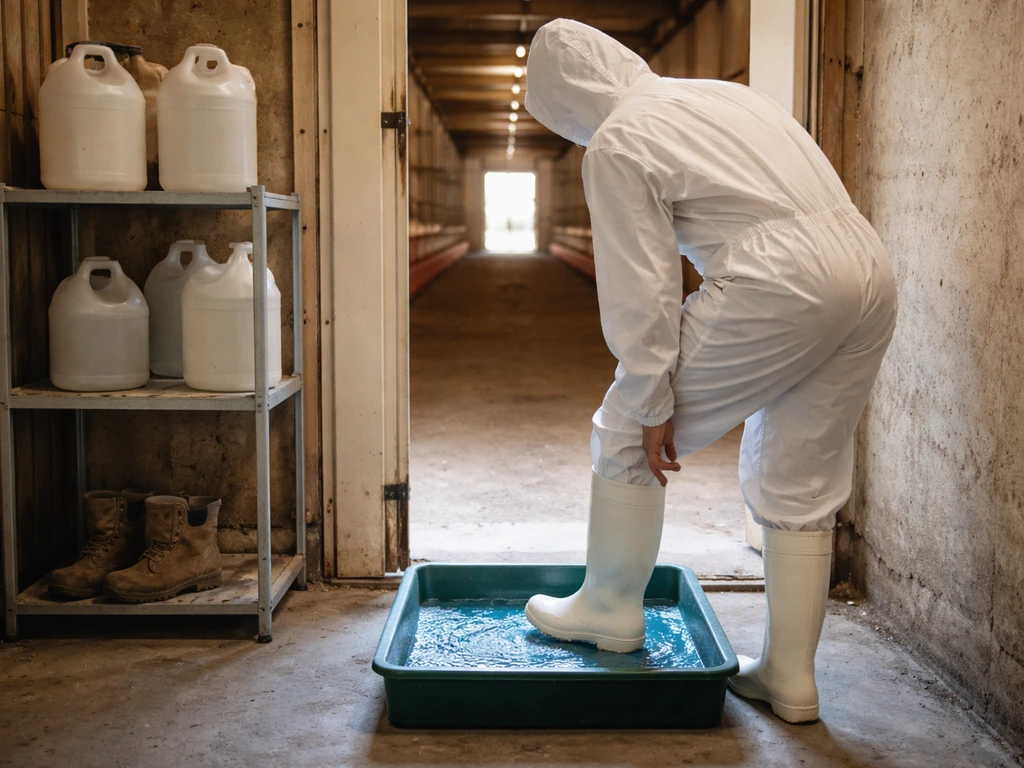 Anonymous farm worker puts on dedicated boots and disinfects footwear at a poultry barn entrance.