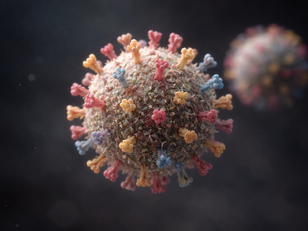 Macro photo of an influenza A virion with subtle spike variants on a dark blurred background.