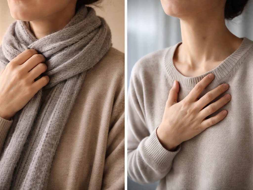 Anonymized person’s upper chest and throat area shown in two contrasting moods, suggesting seasonal vs severe flu sympto