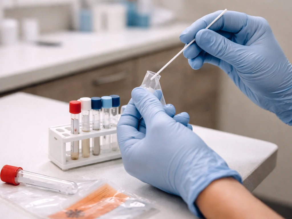 Clinician’s gloved hands placing a nasal swab into a labeled test tube for influenza lab processing.