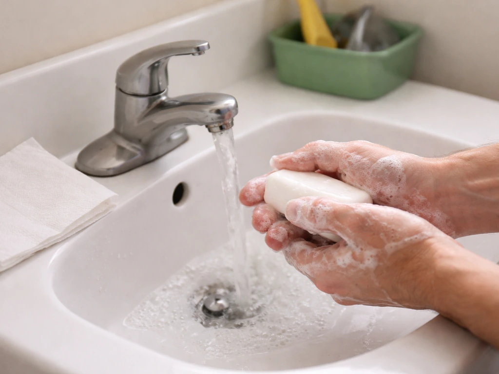 Hands washing with soap at a sink, suggesting hygiene after handling poultry.
