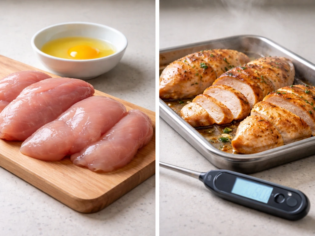 Split image of raw chicken and cooked chicken with eggs, illustrating safe cooking destroys viruses.