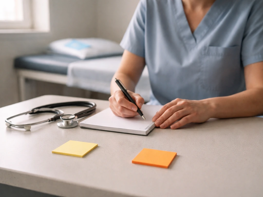 Healthcare worker in a quiet clinic room reviewing notes beside an exam table, symbolizing flu timeline markers