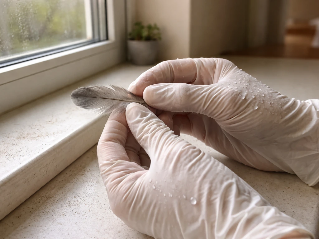 Minimal photo of a person’s hand holding a feather next to a window, hinting bird-to-human and seasonal spread