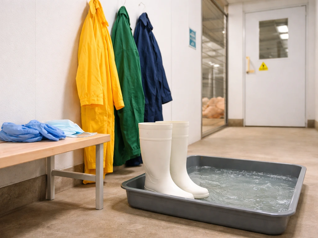 Poultry farm entry setup showing boots by a footbath, PPE items, and designated clothing for biosecurity.
