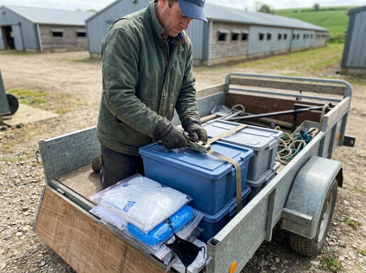 Bins of shared cleaning tools and cages indicating contamination route
