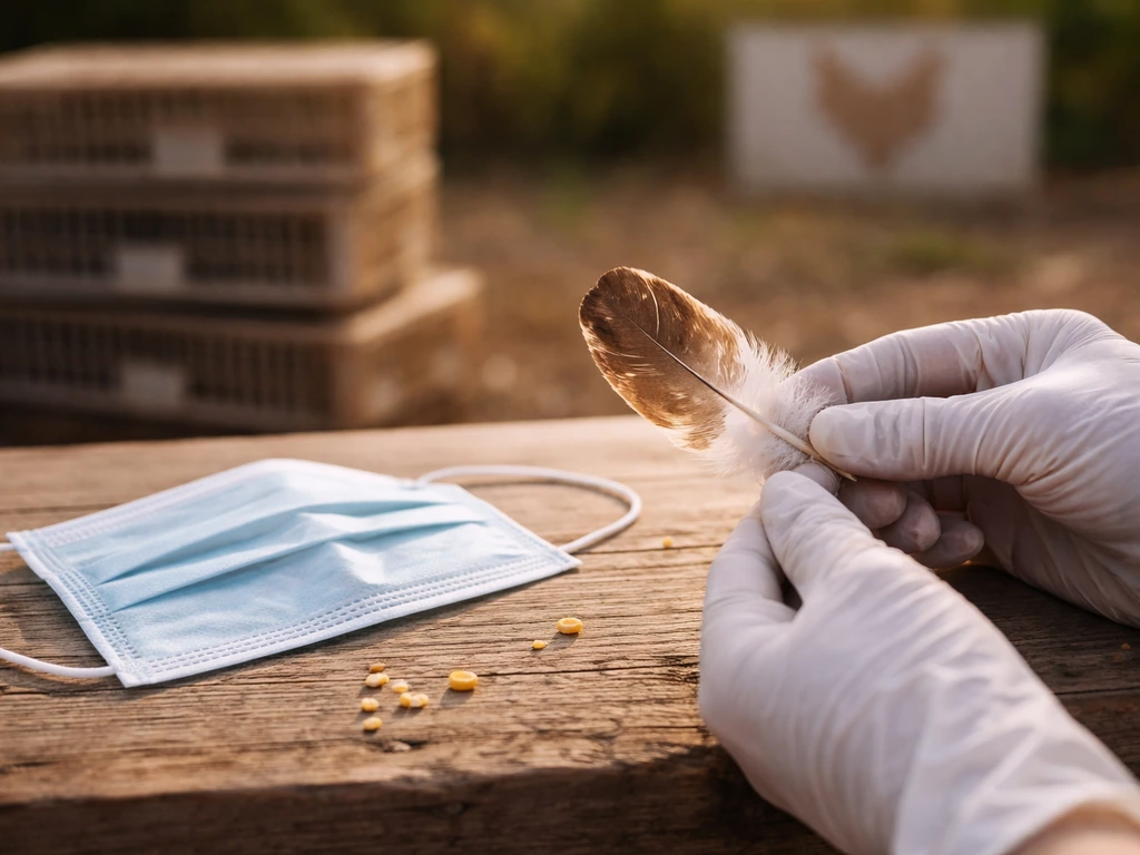 Farmer’s hands holding a chicken feather beside a biohazard-style mask and poultry crates, minimal farm scene.