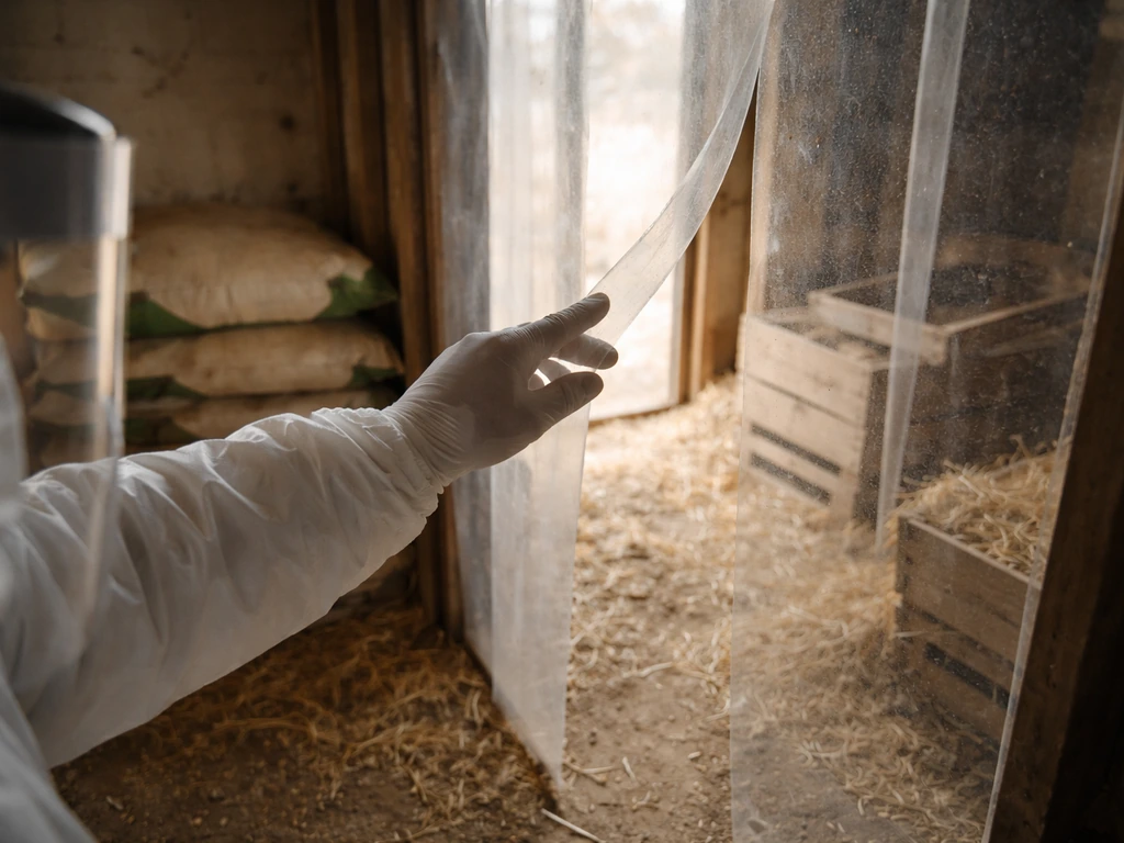 Gloved hand in PPE holding a barrier at a poultry coop doorway with feed and crates nearby