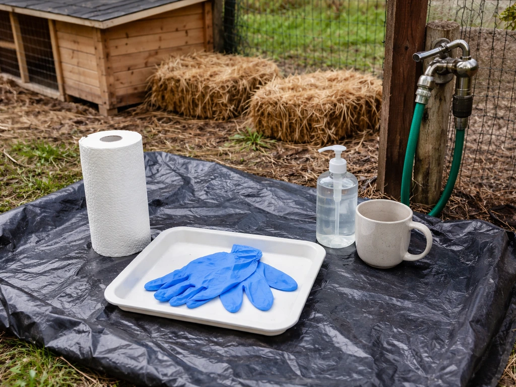Gloves and handwashing supplies beside a backyard chicken coop setup for safe bird handling.