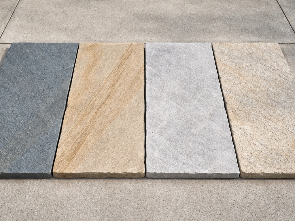 Bluestone, sandstone, and limestone flagstone slabs laid side-by-side showing different colors and textures.